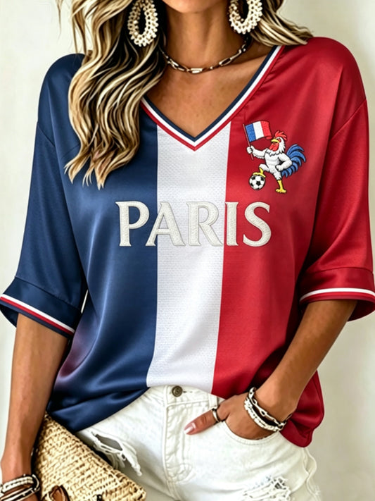 T-shirt à manches mi-longues et col en V pour femme