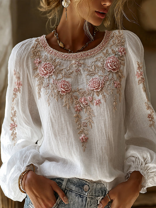 Haut décontracté en coton-lin pour femme, motif floral vintage artistique