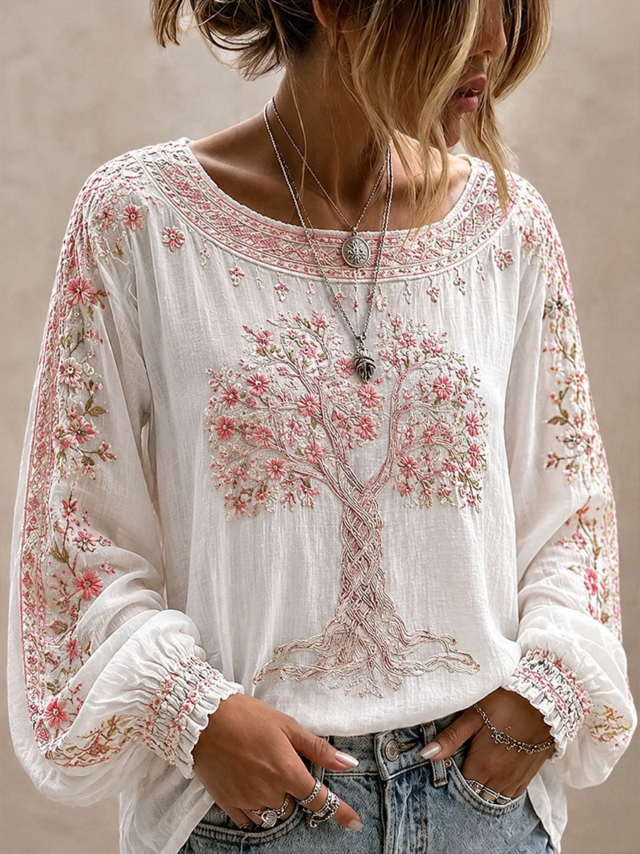 Haut décontracté en coton-lin pour femme, motif floral vintage artistique