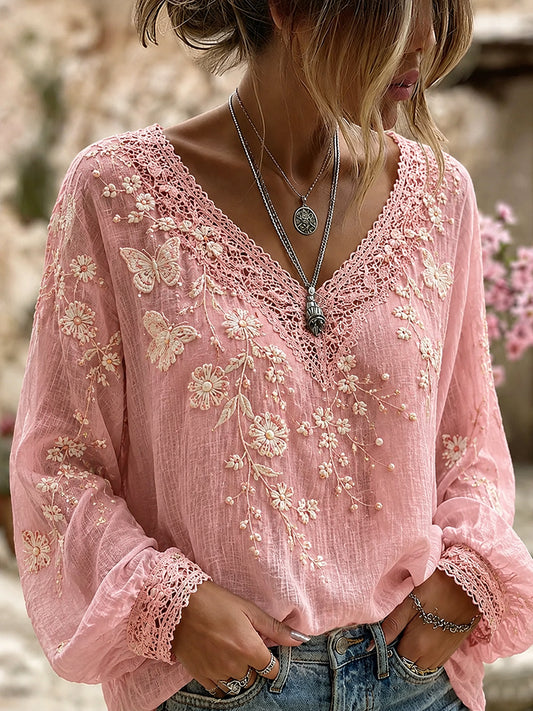 Haut décontracté en coton-lin pour femme, motif floral vintage artistique