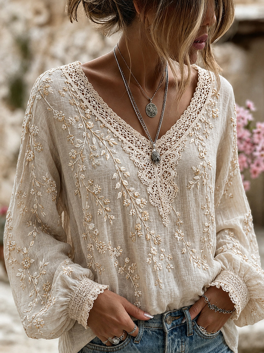 Haut décontracté en coton-lin pour femme, motif floral vintage artistique