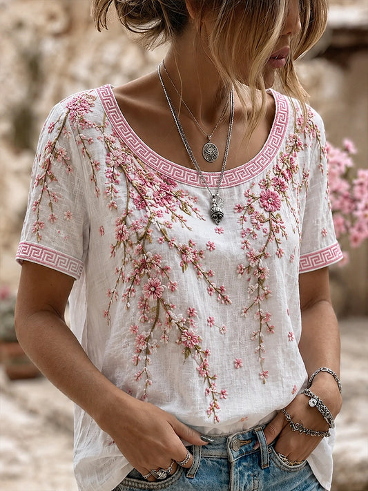 Haut décontracté en coton-lin pour femme, motif floral vintage artistique