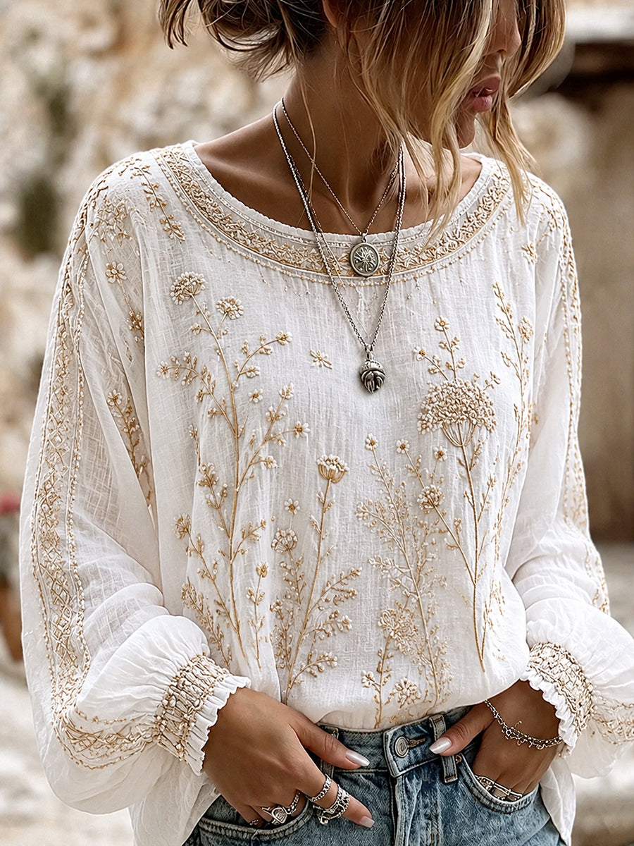Haut décontracté en coton-lin pour femme, motif floral vintage artistique