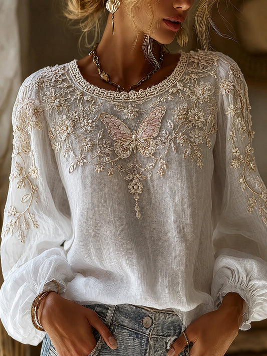 Haut décontracté en coton-lin pour femme, motif floral vintage artistique