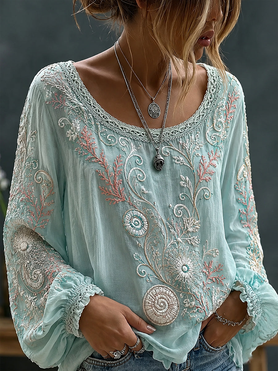 Haut décontracté en coton-lin pour femme, motif floral vintage artistique