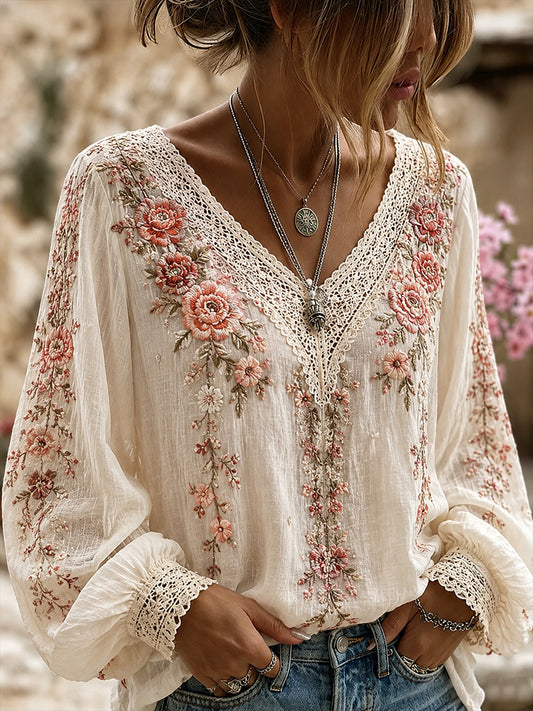 Haut décontracté en coton-lin pour femme, motif floral vintage artistique