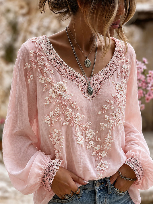 Haut décontracté en coton-lin pour femme, motif floral vintage artistique