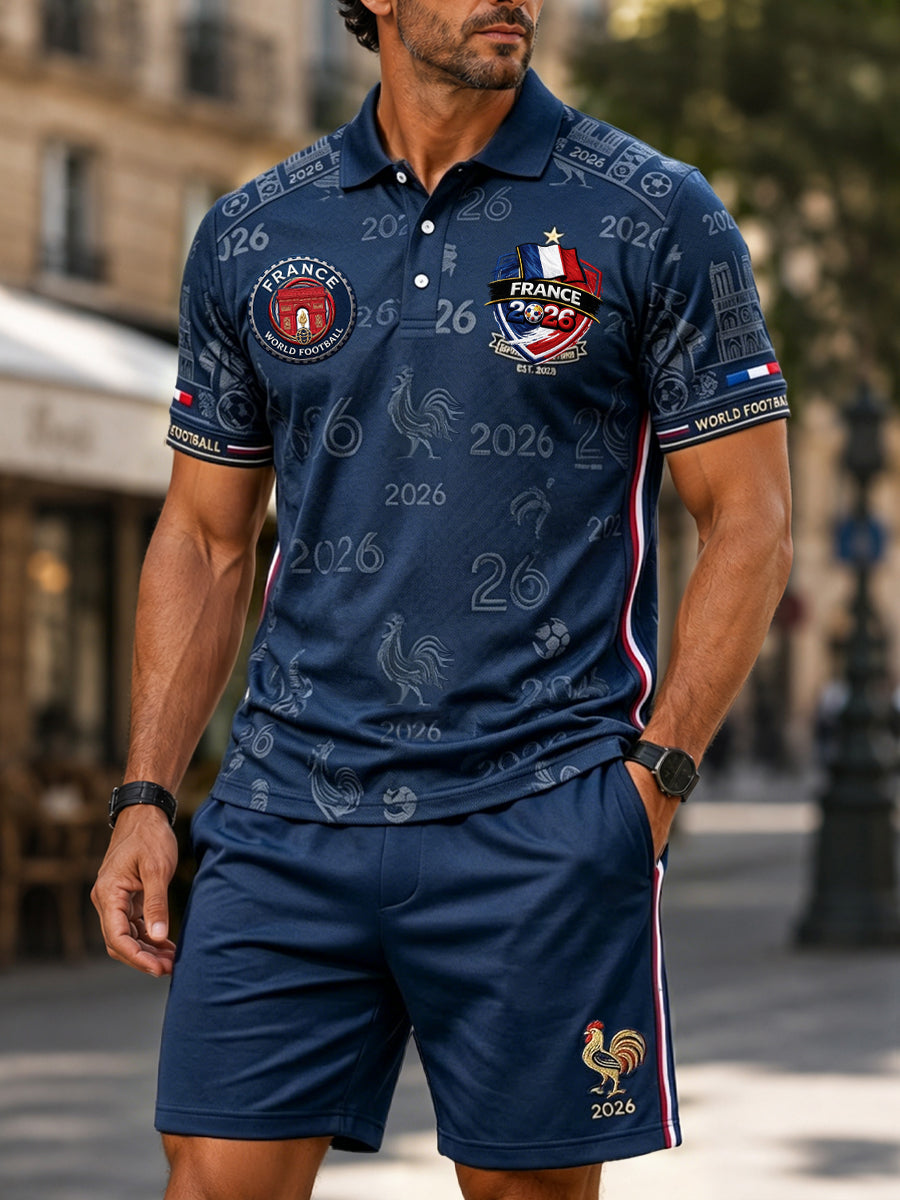Ensemble décontracté polo et short rétro français pour les fans de football 2026