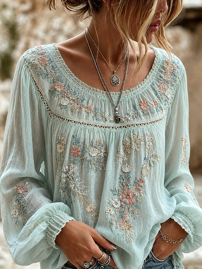 Haut décontracté en coton-lin pour femme, motif floral vintage artistique