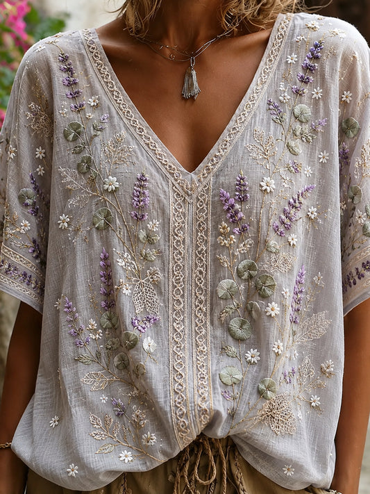 Haut décontracté en coton-lin pour femme, motif floral vintage artistique