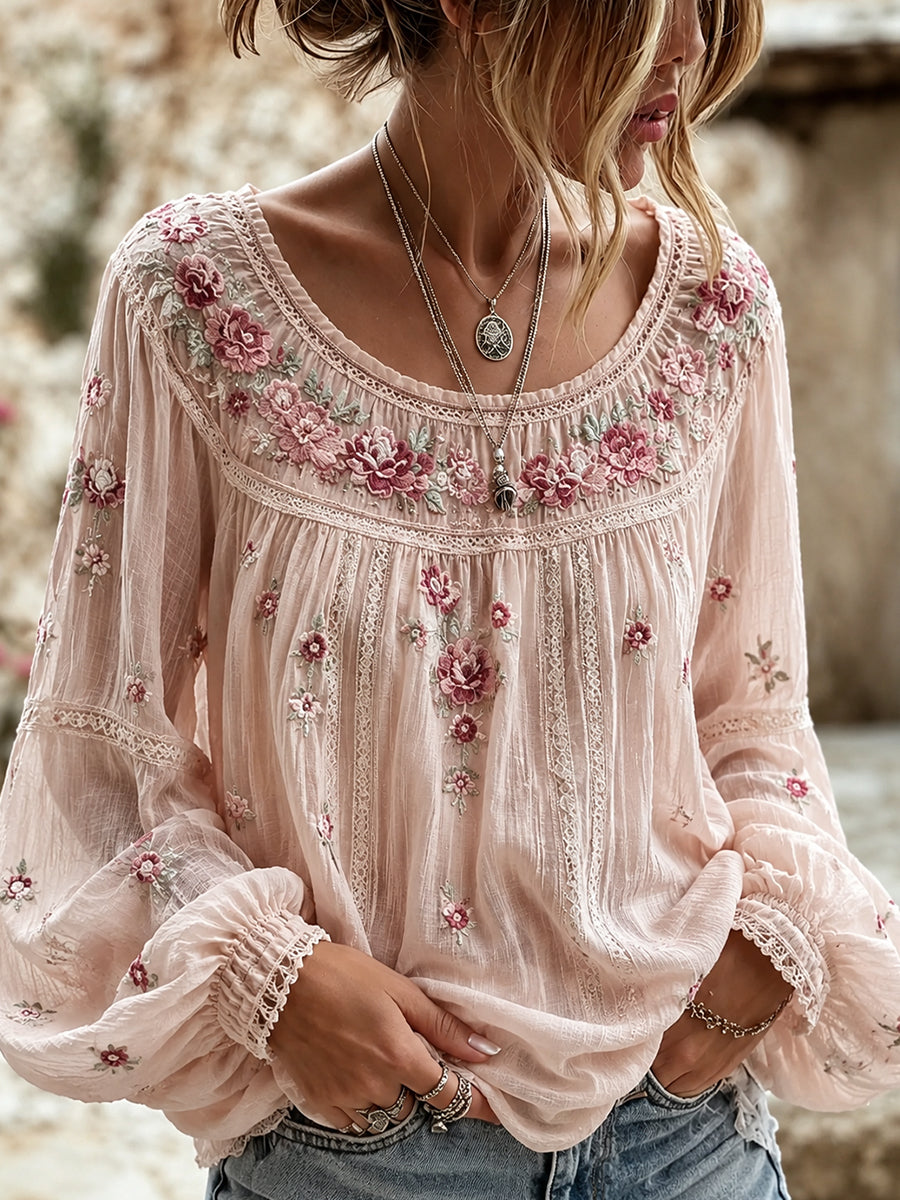 Haut décontracté en coton-lin pour femme, motif floral vintage artistique