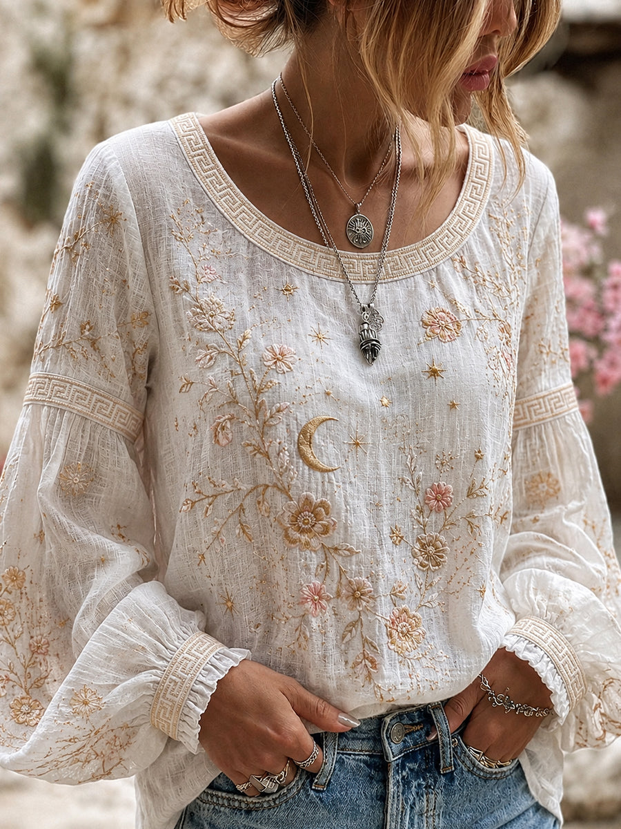 Haut décontracté en coton-lin pour femme, motif floral vintage artistique