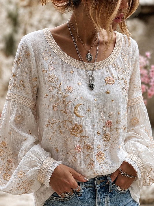 Haut décontracté en coton-lin pour femme, motif floral vintage artistique