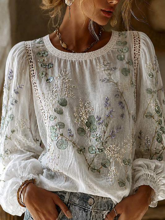 Haut décontracté en coton-lin pour femme, motif floral vintage artistique
