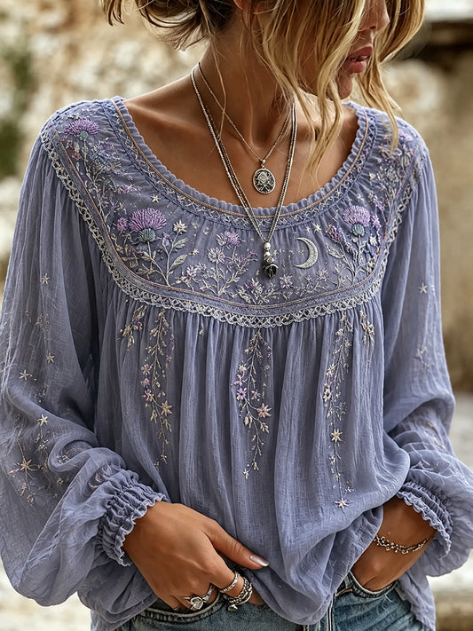 Haut décontracté en coton-lin pour femme, motif floral vintage artistique