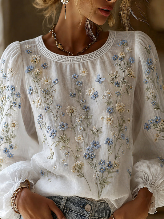 Haut décontracté en coton-lin pour femme, motif floral vintage artistique