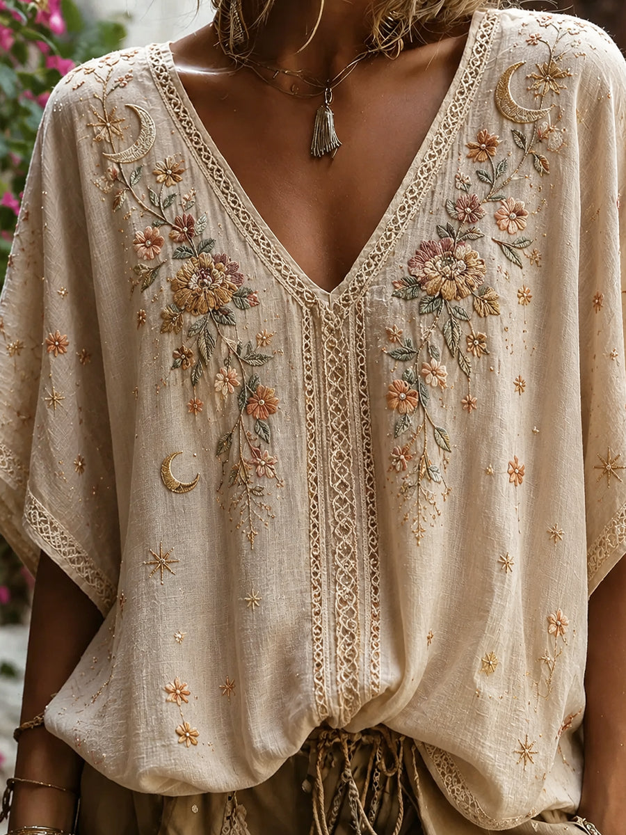 Haut décontracté en coton-lin pour femme, motif floral vintage artistique