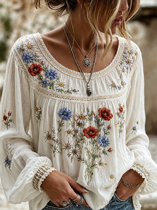 Haut décontracté en coton-lin pour femme, motif floral vintage artistique