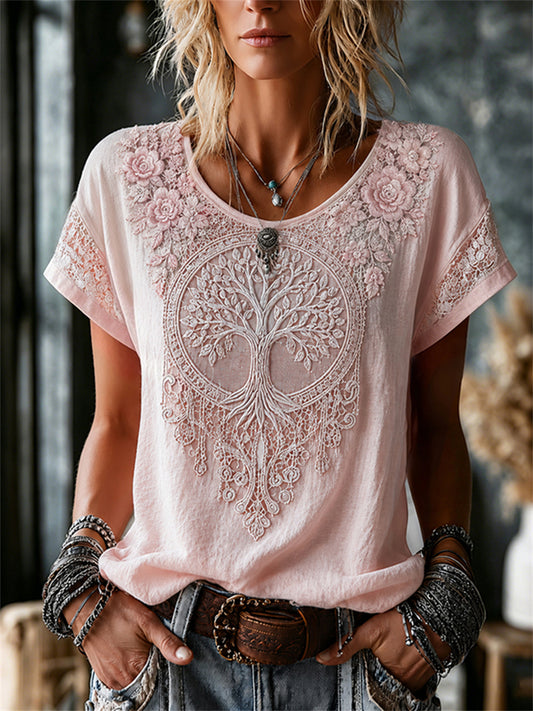 T-shirt Femme Viking Tree of Life Floral Lace Art Print en lin à manches courtes
