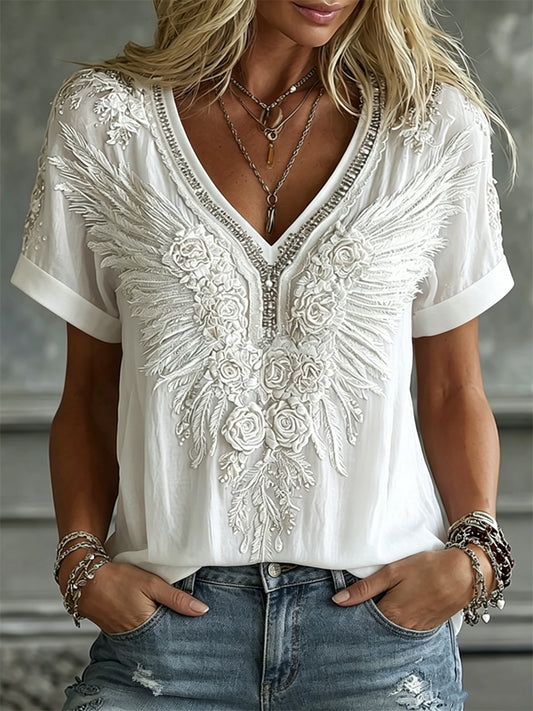 T-shirt à manches courtes en lin Elegant White Roses & Wings Art Print pour femme