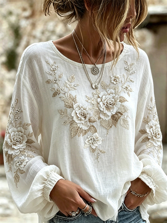Chemise Femme Classy White Roses Glitter Art Print Coton-Lin