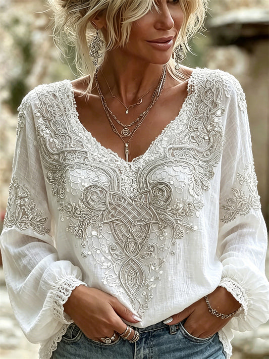 Chemise Femme Élégante Viking Celtique Noeud Floral Dentelle Imprimée Coton-Lin
