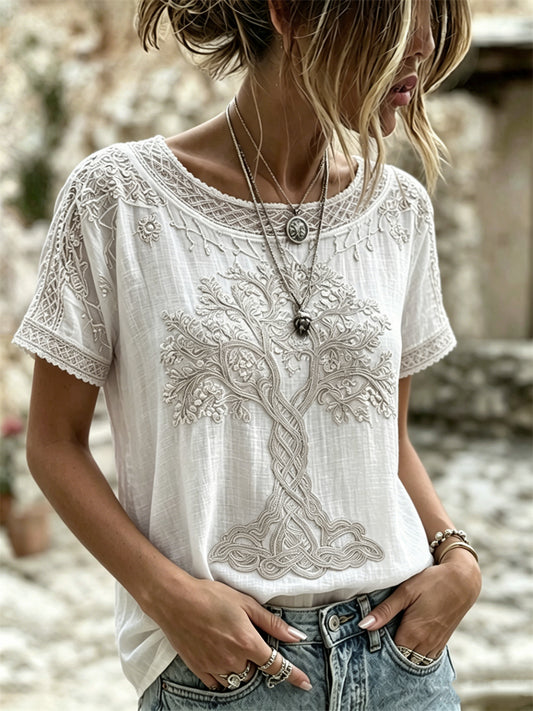 T-shirt à manches courtes femme Viking Tree of Life Celtic Art Print en lin