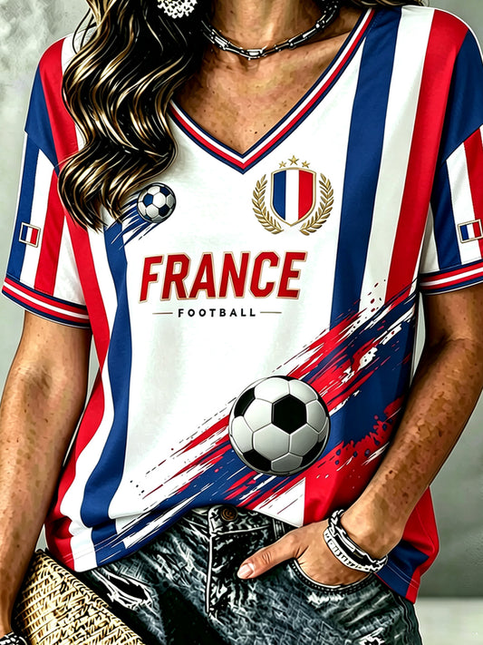 Chemise à col en V en lin à motif France Football pour femme