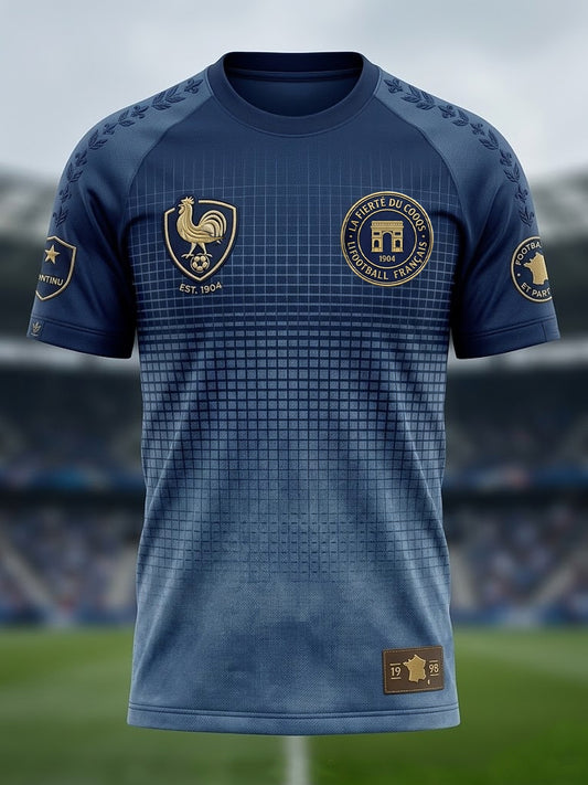 T-shirt décontracté rétro français au motif échiquier en dégradé de football