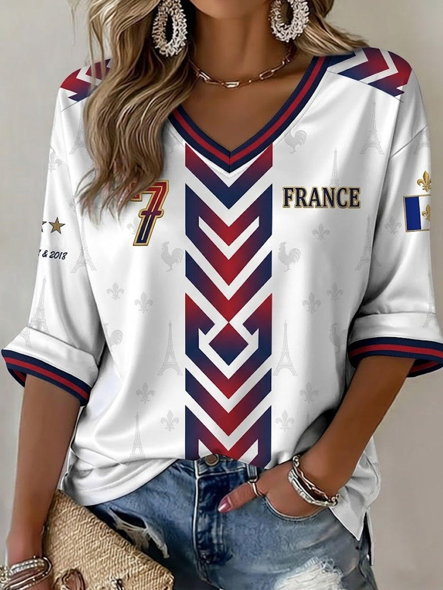 T-shirt décontracté à col en V, motifs géométriques, style rétro français, pour femme