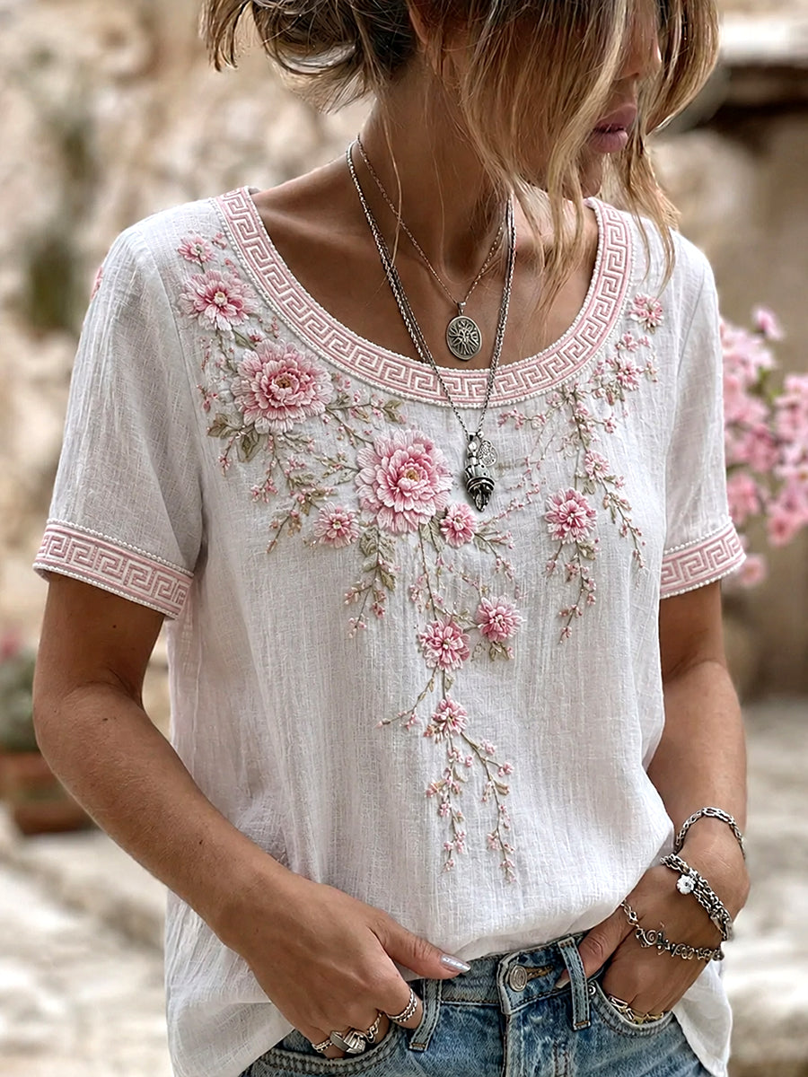Haut décontracté en coton-lin pour femme, imprimé floral vintage