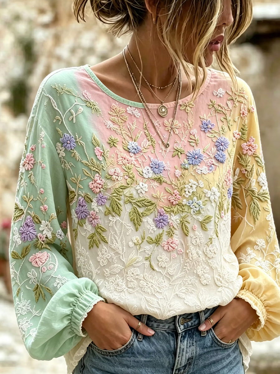 Haut décontracté en coton-lin pour femme, imprimé floral vintage