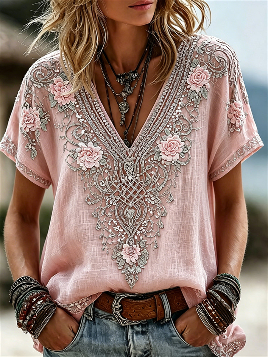 T-shirt manches courtes en lin Viking Celtic Knot Boho à imprimé floral pour femmes