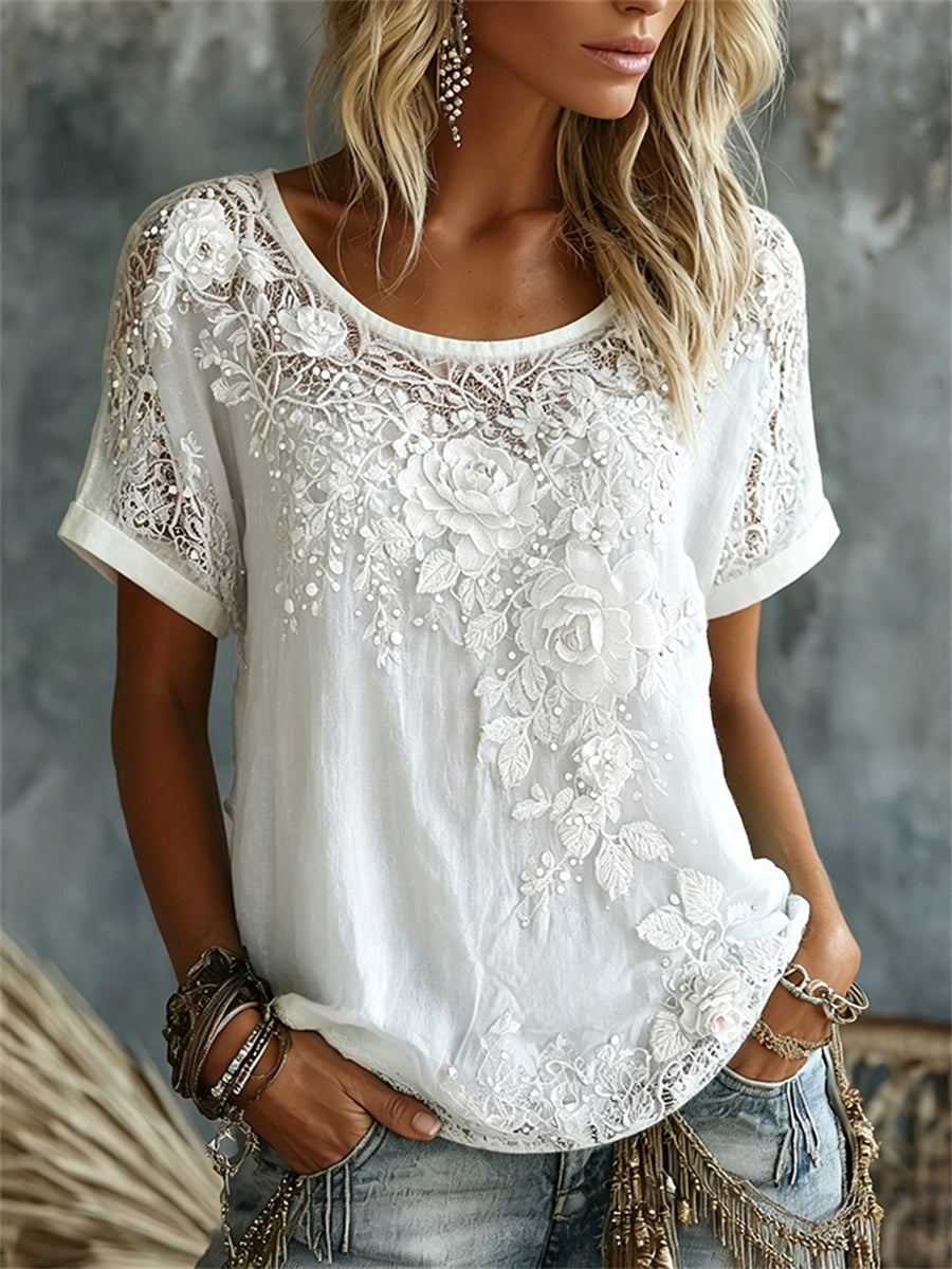 T-shirt à manches courtes Femme Classy Roses Floral Art Print en lin