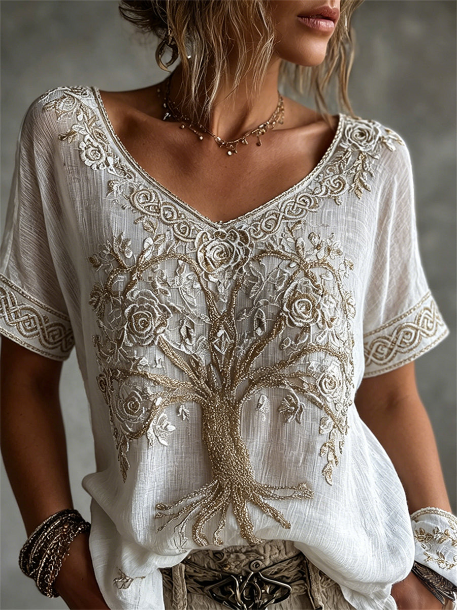 T-shirt à manches courtes en lin Vintage Viking Tree of Life with Roses Celtic Print Femme