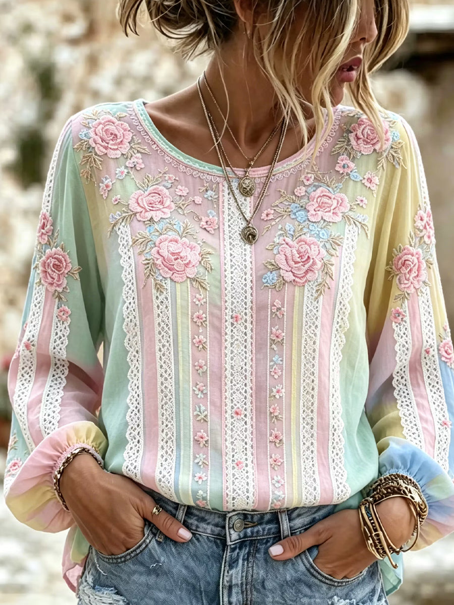 Haut Décontracté Femme Vintage Floral Art Print Coton-Lin
