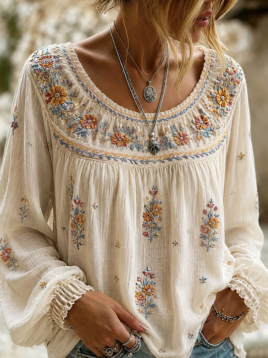 Haut décontracté en coton-lin pour femme, imprimé floral vintage