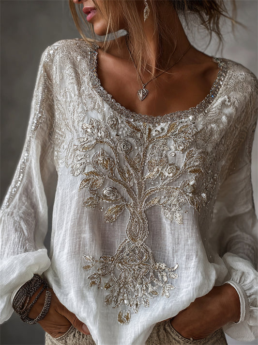 Chemise Femme Vintage Viking Tree of Life Glitter Floral Imprimé Coton-Lin