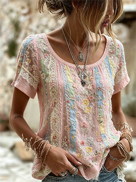 T-shirt à manches courtes en lin à imprimé floral Cottagecore