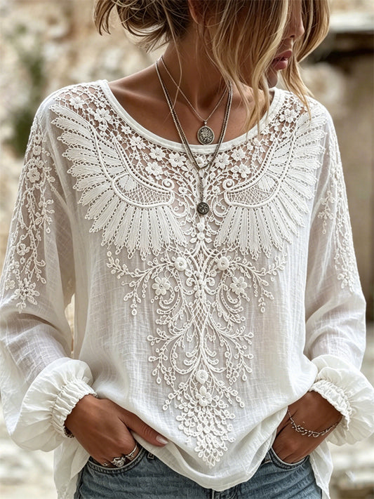 Chemise en coton-lin chic femme Ailes en dentelle à imprimé floral