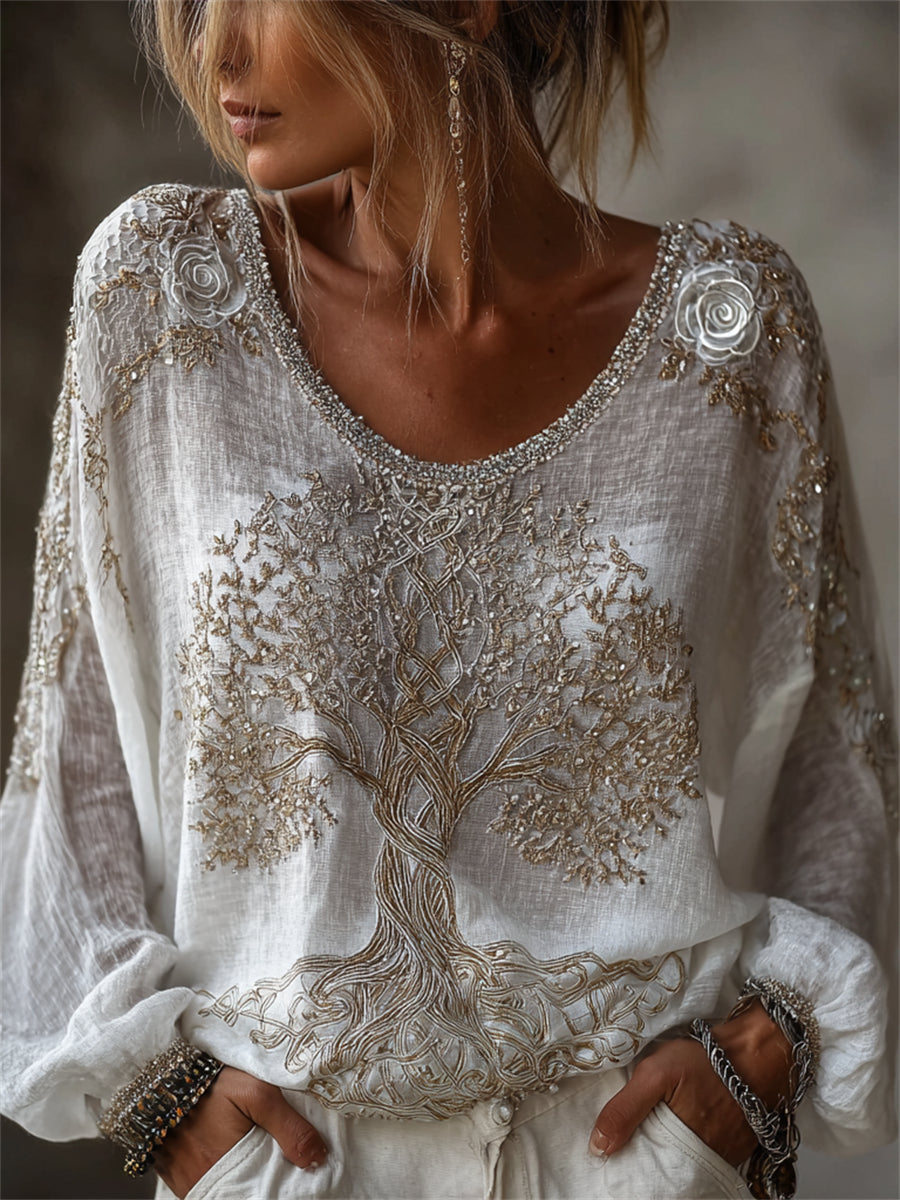 Chemise Femme Classy Celtic Viking Arbre de Vie & Roses Blanches Imprimé Coton-Lin