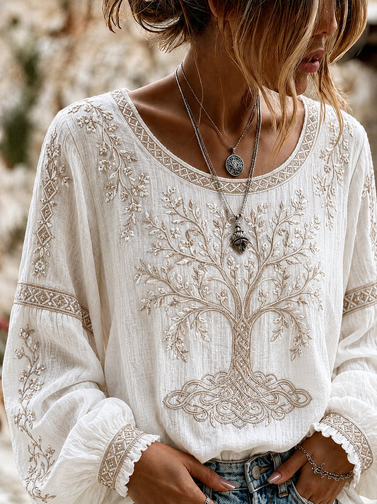 Haut décontracté en coton-lin pour femme, imprimé floral vintage