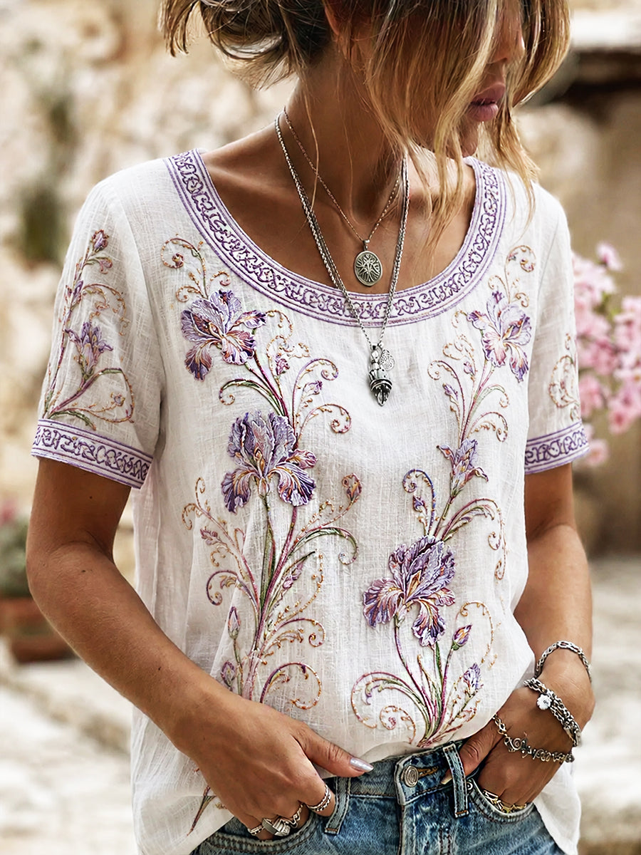 Haut décontracté en coton-lin pour femme, imprimé floral vintage