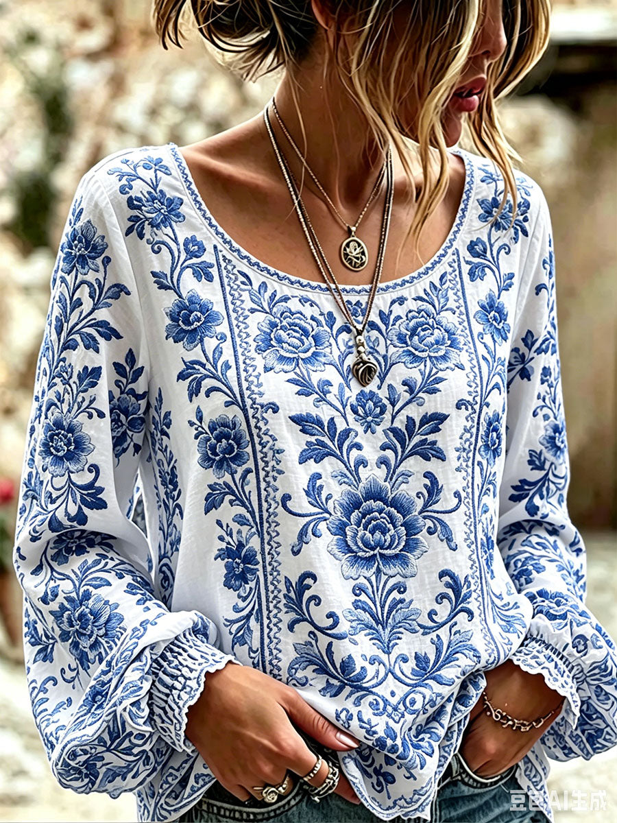 T-shirt décontracté pour femme à imprimé floral bleu et blanc