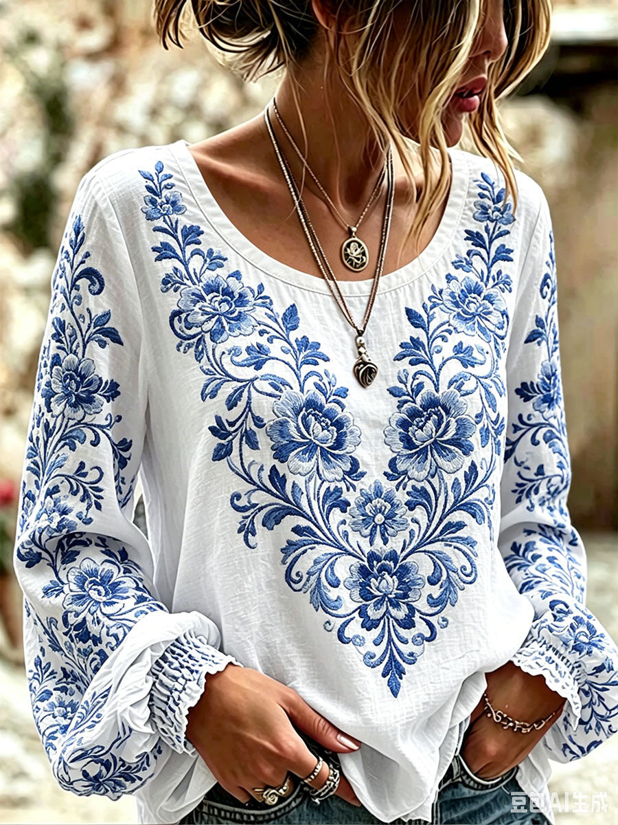 T-shirt décontracté pour femme à imprimé floral bleu et blanc