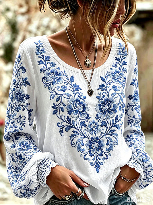 T-shirt décontracté pour femme à imprimé floral bleu et blanc