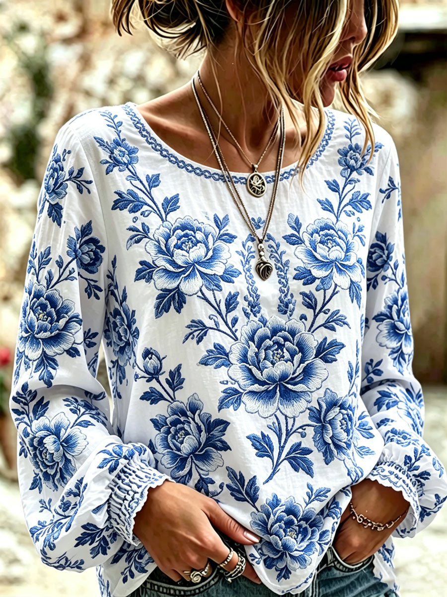 T-shirt décontracté pour femme à imprimé floral bleu et blanc