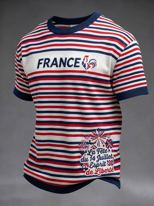 T-shirt décontracté à rayures rétro pour la Fête nationale française, modèle homme