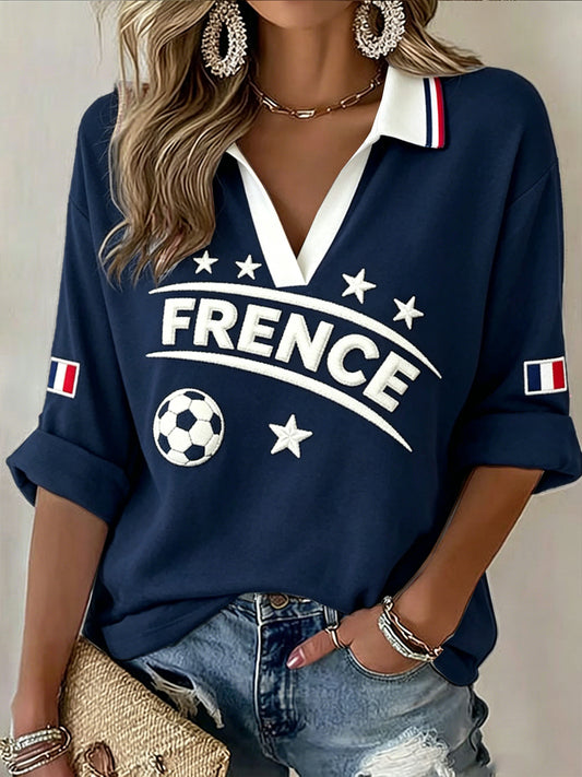 T-shirt décontracté à col en V pour femme, style vintage, bleu marine, imprimé football français