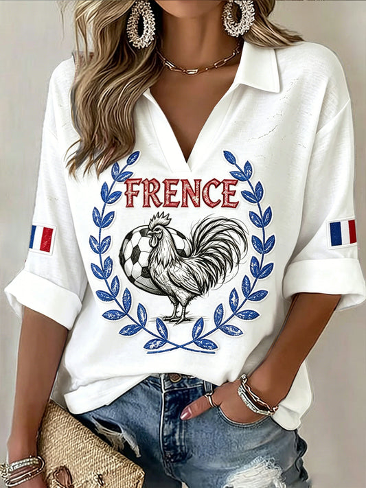 T-shirt décontracté à col en V pour femme, blanc, imprimé coq français de football
